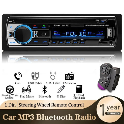 1 DIN Bluetooth Car Stereo MP3 Player – 60W x 4 FM Radio with USB, SD Card & AUX Input - Bryans Products