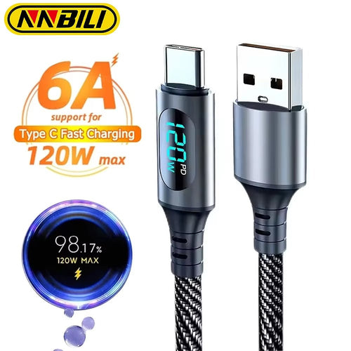 120W 6A USB-A to USB-C Fast Charging Cable with LED Digital Display – Nylon Braided Data Cable for Xiaomi, POCO & Samsung - Bryans Products