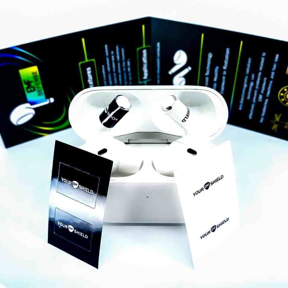 EMF Defense Shields attached to headphones and earbuds for radiation protection