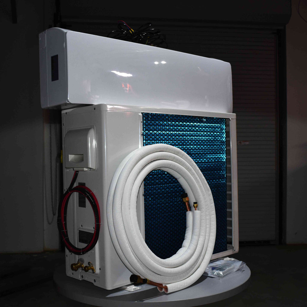 24V DC mini split heat pump solar air conditioner running off lead acid or LiFePO4 batteries for off-grid cooling and heating