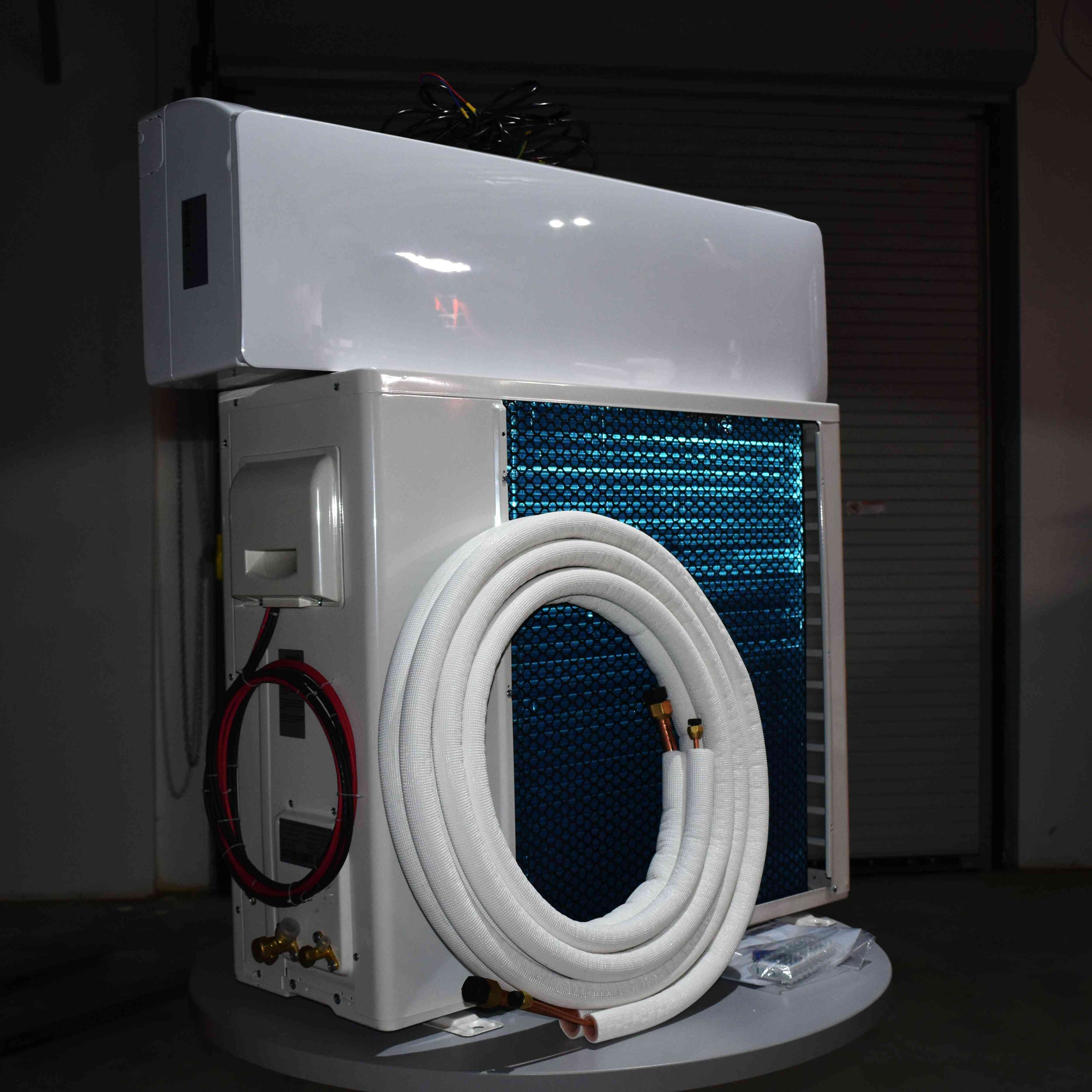 24V DC mini split heat pump solar air conditioner running off lead acid or LiFePO4 batteries for off-grid cooling and heating