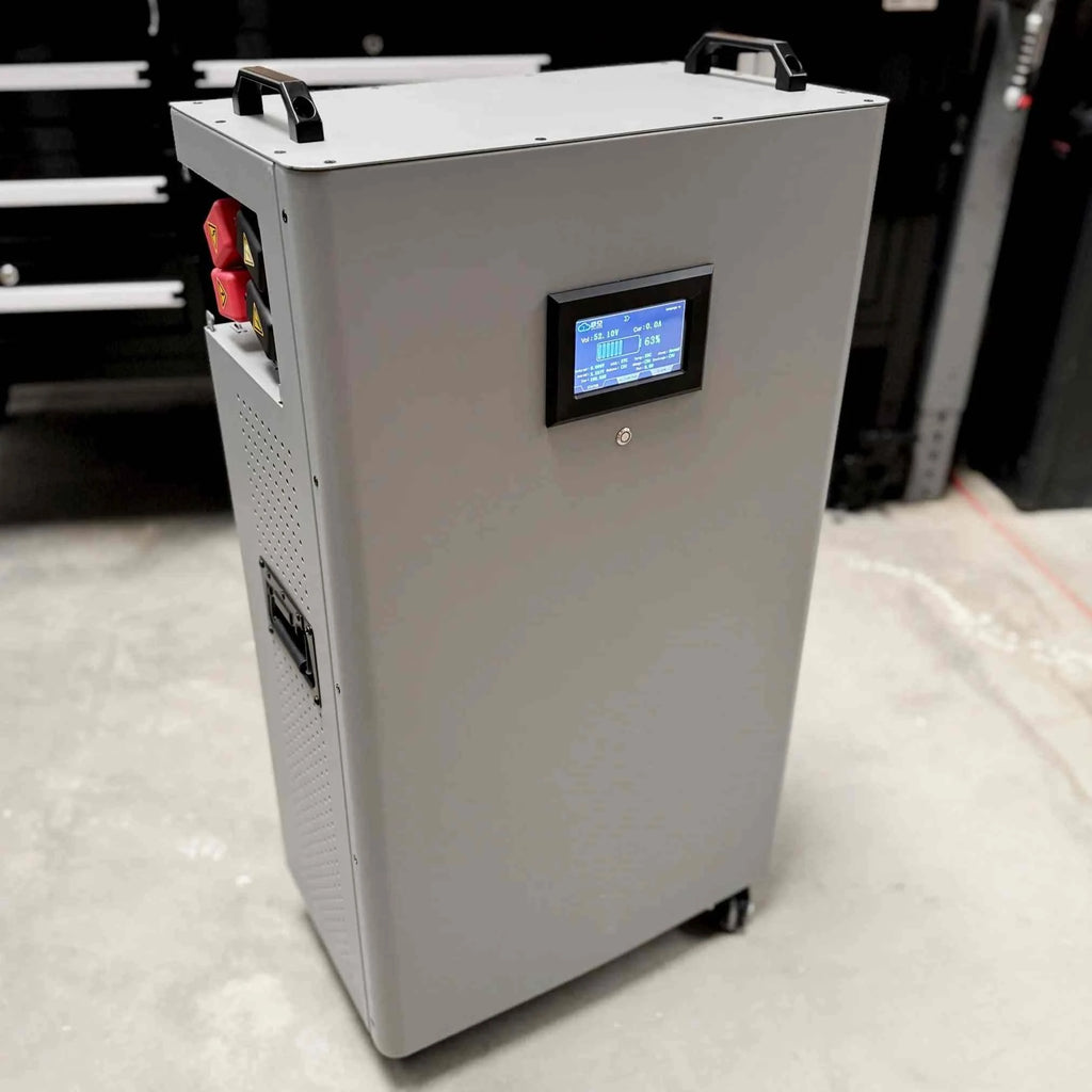 48V Tower rugged LifePO4 battery with active balancing, 200A BMS, breaker, monitoring display, and fire extinguisher on lockable wheels