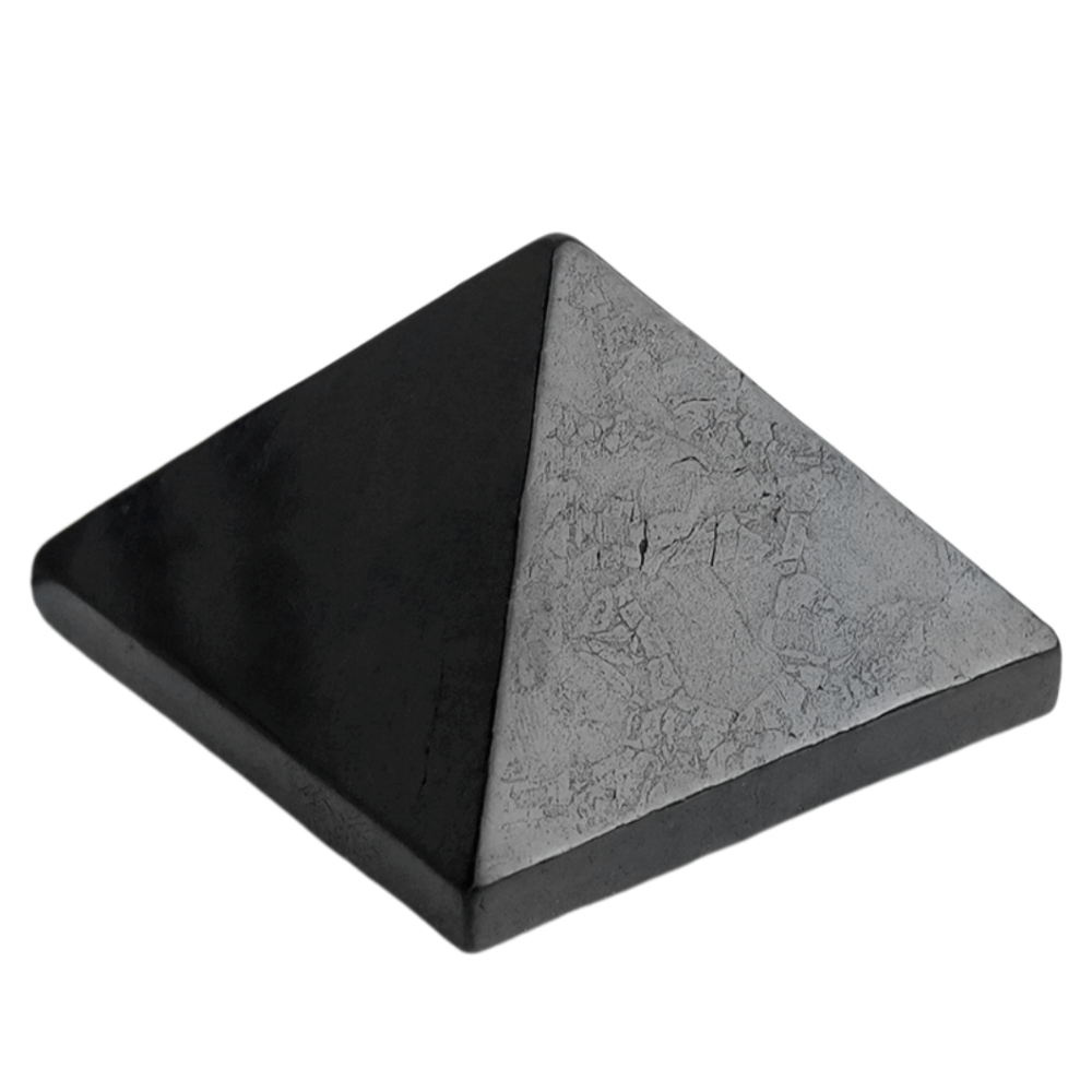 Polished black Shungite stone pyramid for whole-home EMF protection and wellness benefits