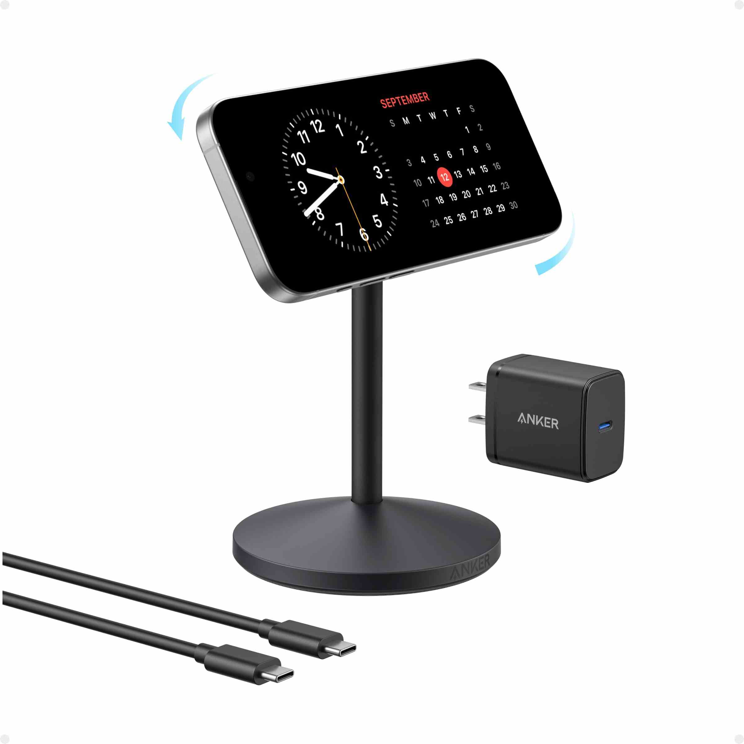 Anker MagGo Wireless Charger stand with 15W MagSafe-compatible fast charging and 360° rotation feature