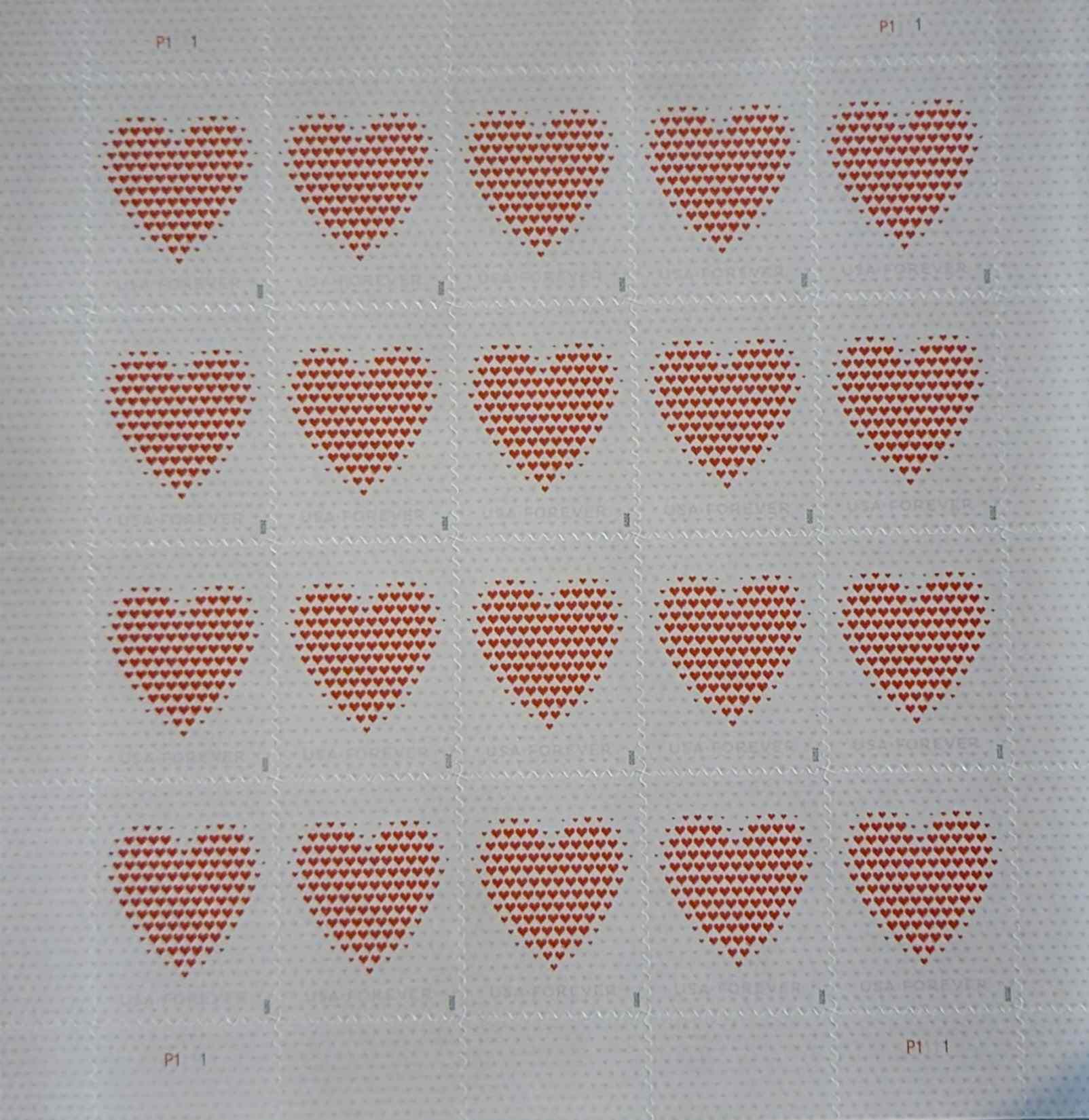 Made of Hearts USA Forever stamps for mailing and collecting themed for Valentines