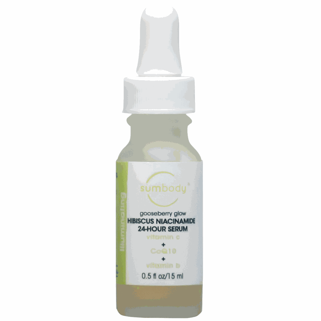 Gooseberry Glow Hibiscus Niacinamide 24hr serum bottle with natural skincare ingredients for luminous and hydrated skin