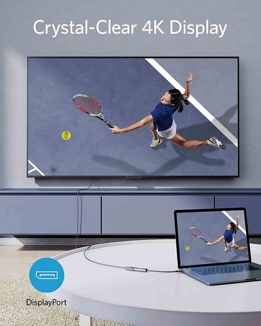 Anker PowerExpand USB-C to DisplayPort adapter supporting 4K@60Hz with plug and play functionality