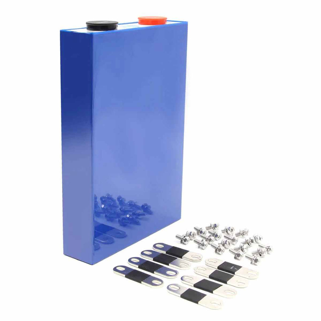 3.2V 105Ah LiFePO4 battery cells for DIY off-grid solar and EV applications with bus bars and bolts