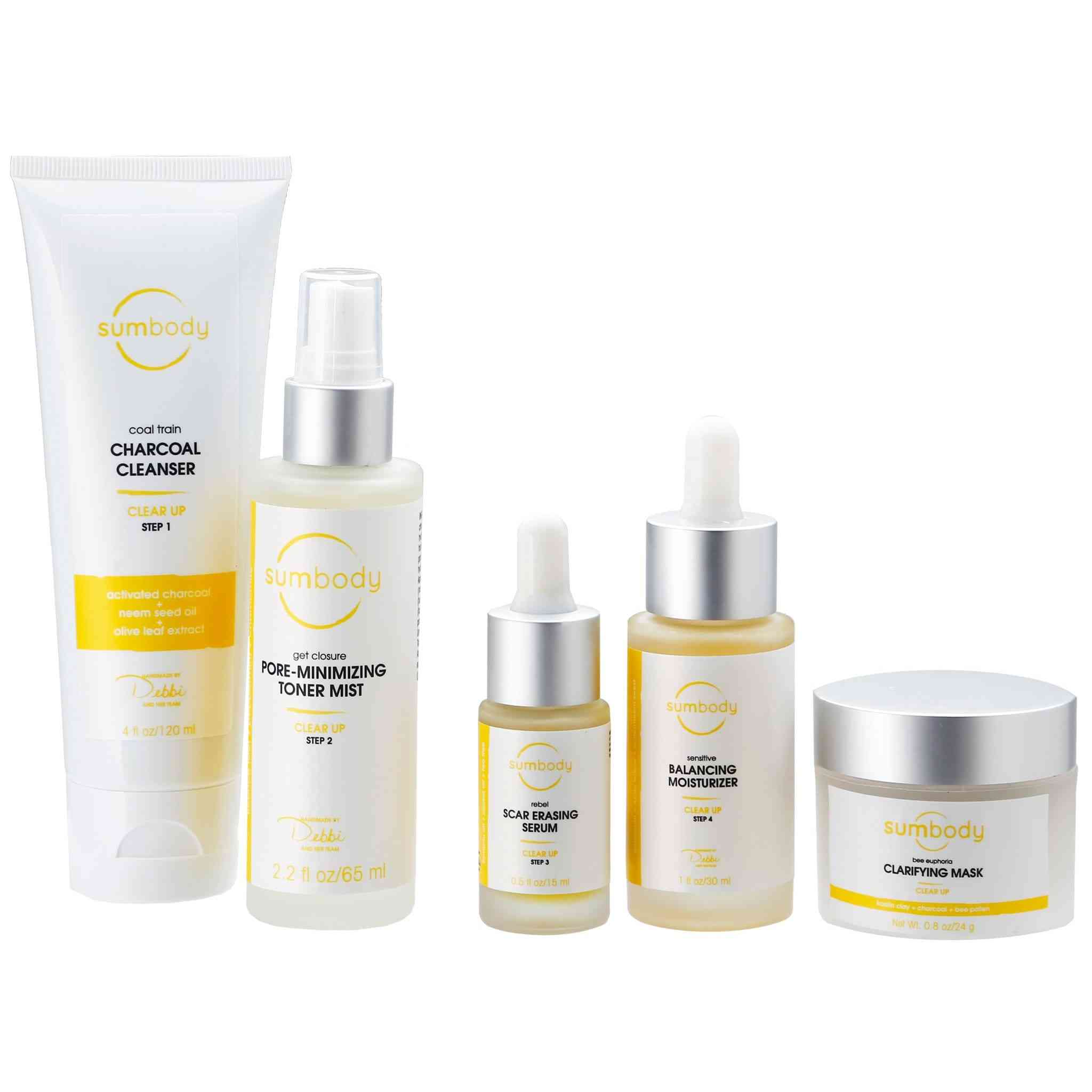 Diagram illustrating 5 steps to perfect skin using Clear Up line for oily and blemish-prone skin