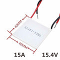 TEC1-12715 Peltier cooler module with technical specifications and thermal performance chart