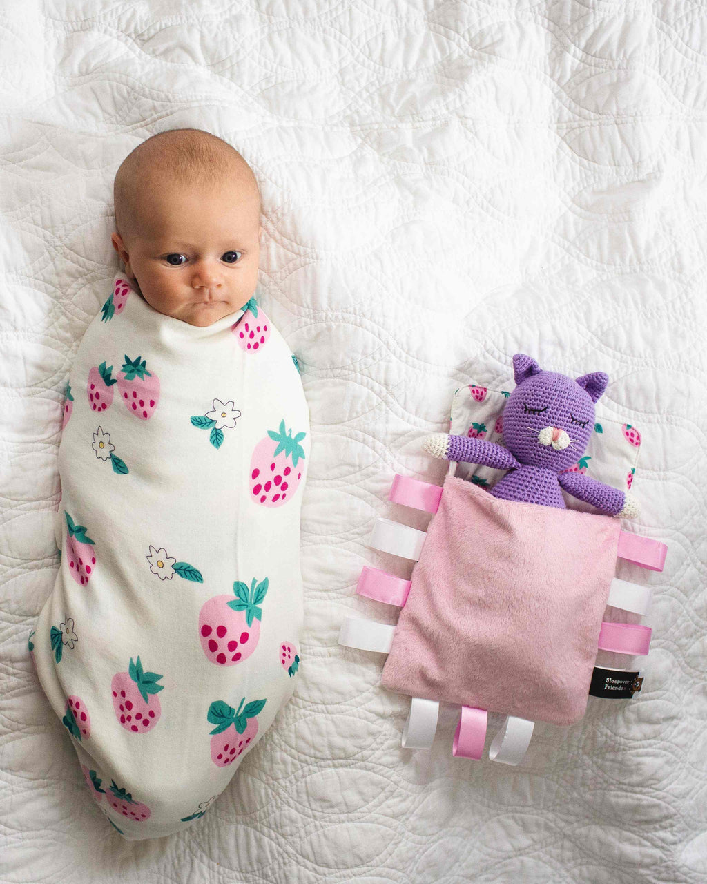 Wild Strawberries Bundles baby blanket and sensory ribbon sleeping bag gift set