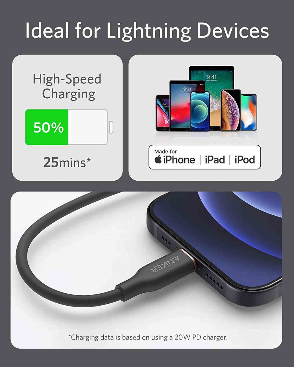 Anker <b>641</b> USB-C to Lightning Cable (Flow, 3 ft Silicone)