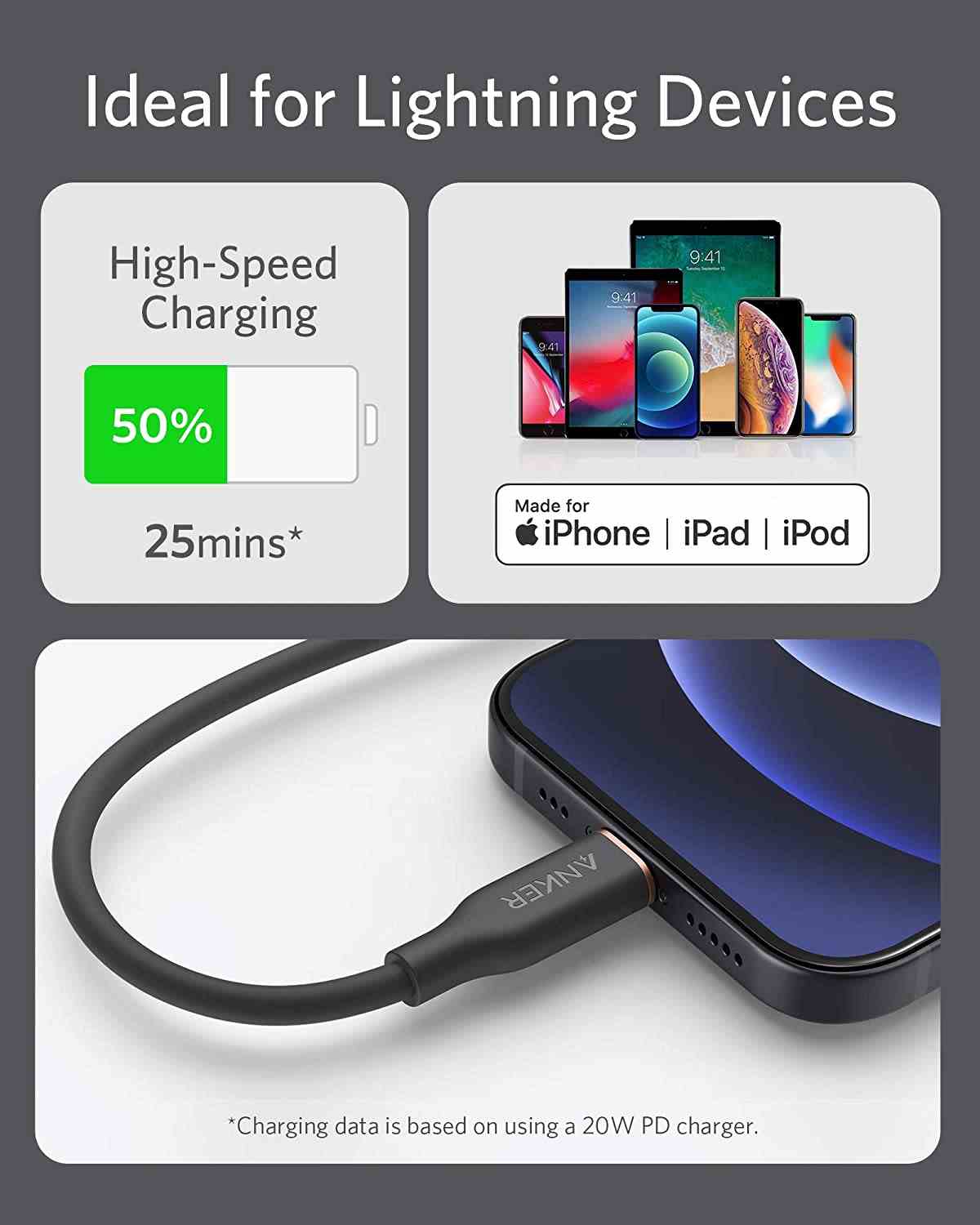 Anker <b>641</b> USB-C to Lightning Cable (Flow, 3 ft Silicone)
