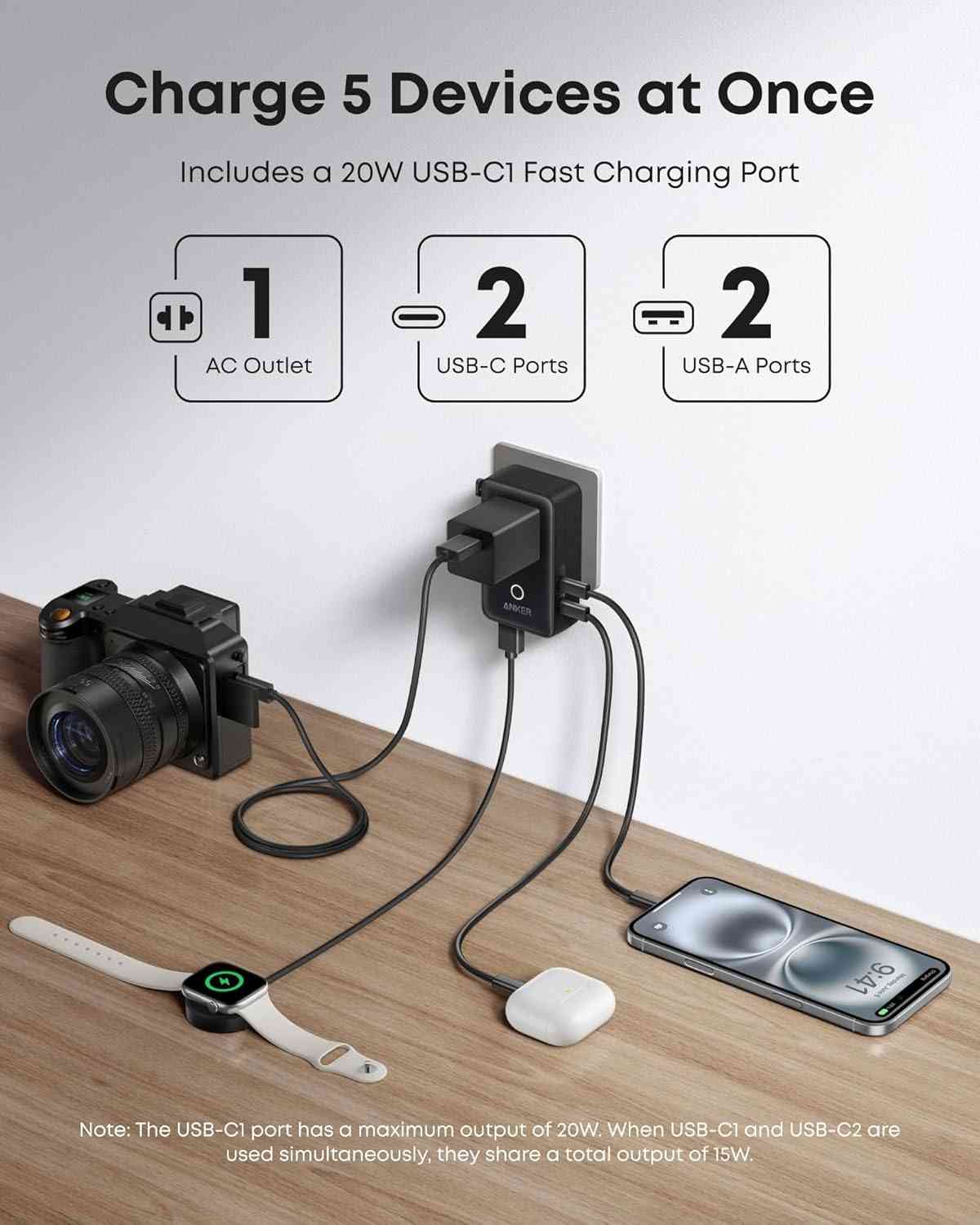Anker Nano Travel Adapter (5-in-1, 20W, 1-Pack)