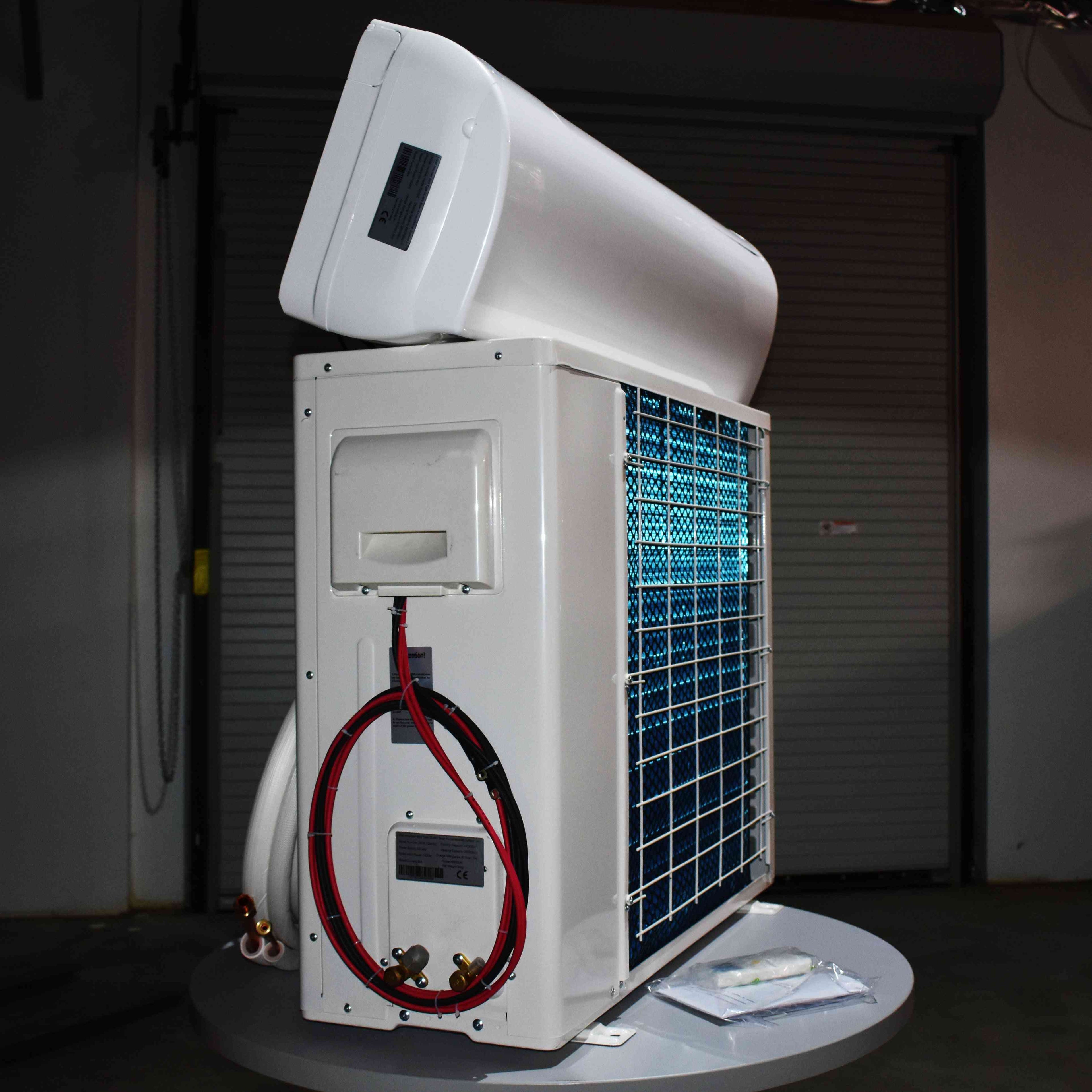 48V DC mini split air conditioner and heater unit with indoor and outdoor components connected by copper lines