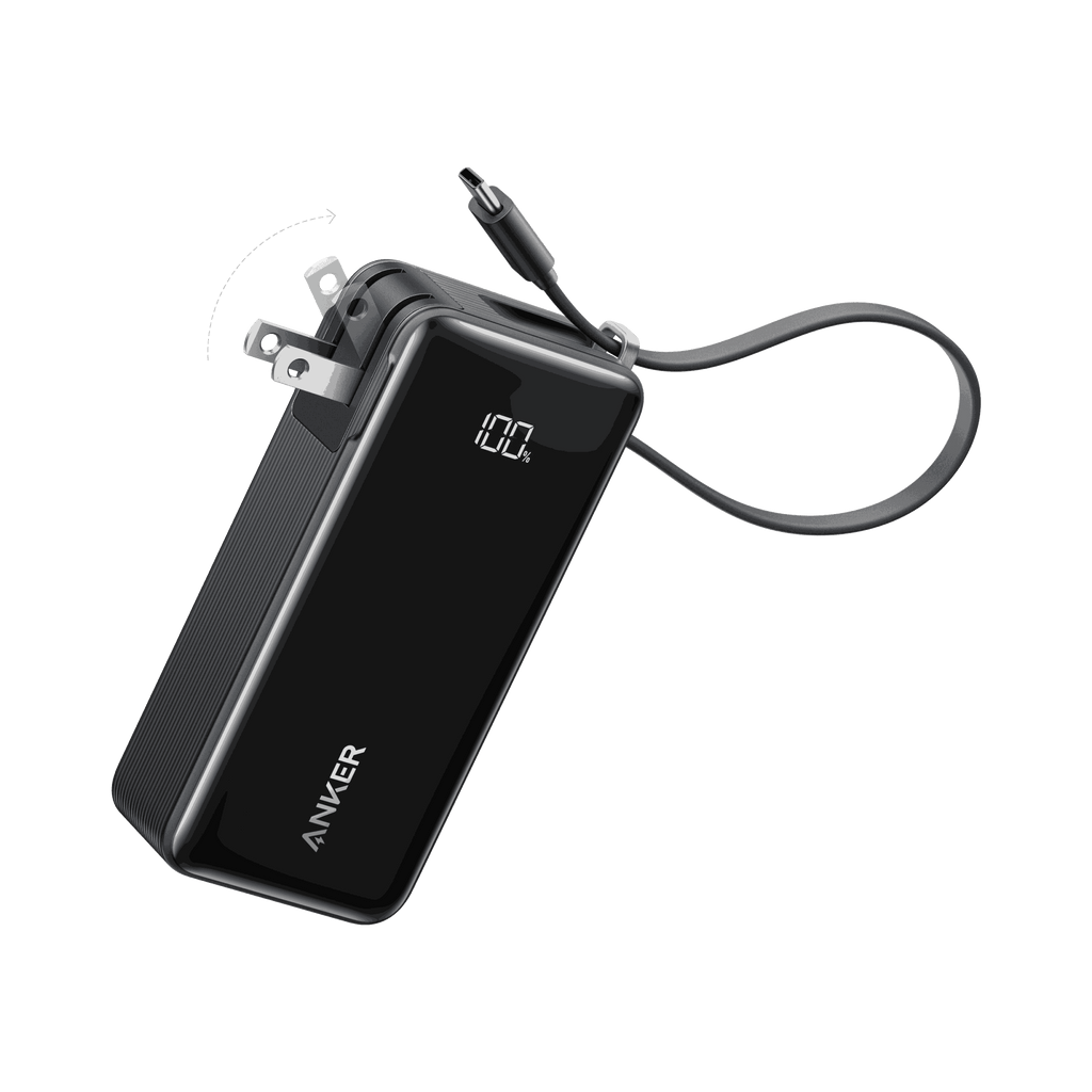Anker Power Bank 10,000mAh Fusion with built-in USB-C and Lightning cable charging two devices fast