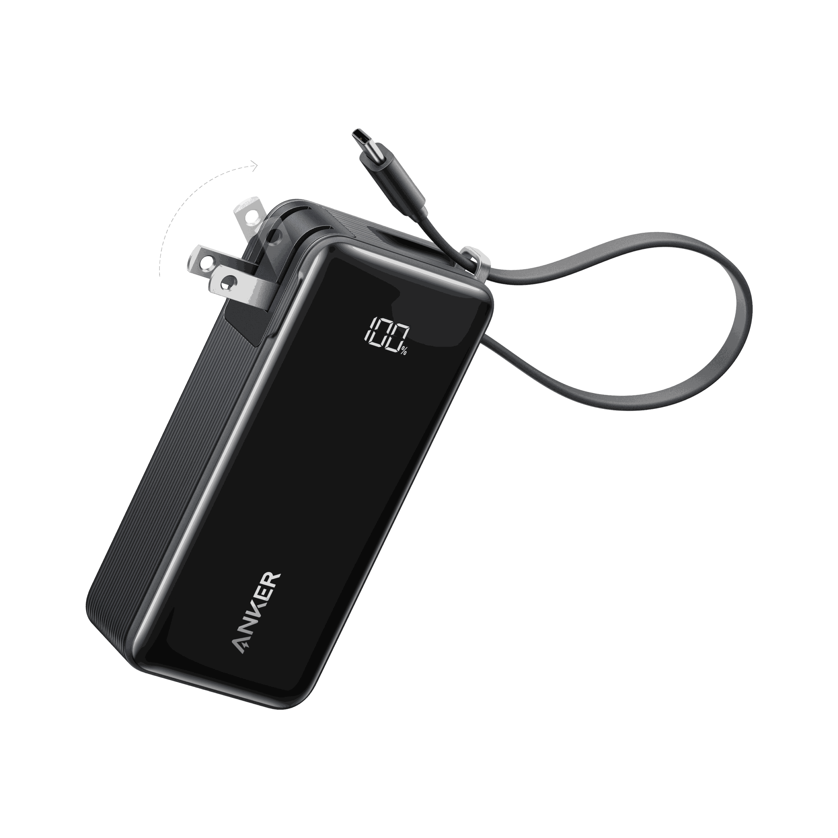 Anker Power Bank 10,000mAh Fusion with built-in USB-C and Lightning cable charging two devices fast