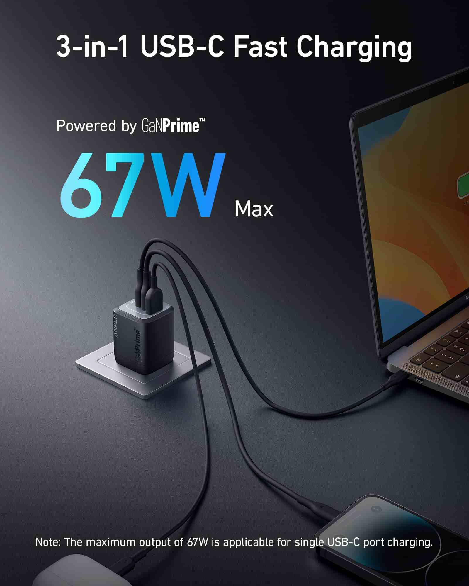 Anker Prime 67W GaN wall charger with 3 ports for fast charging compact design