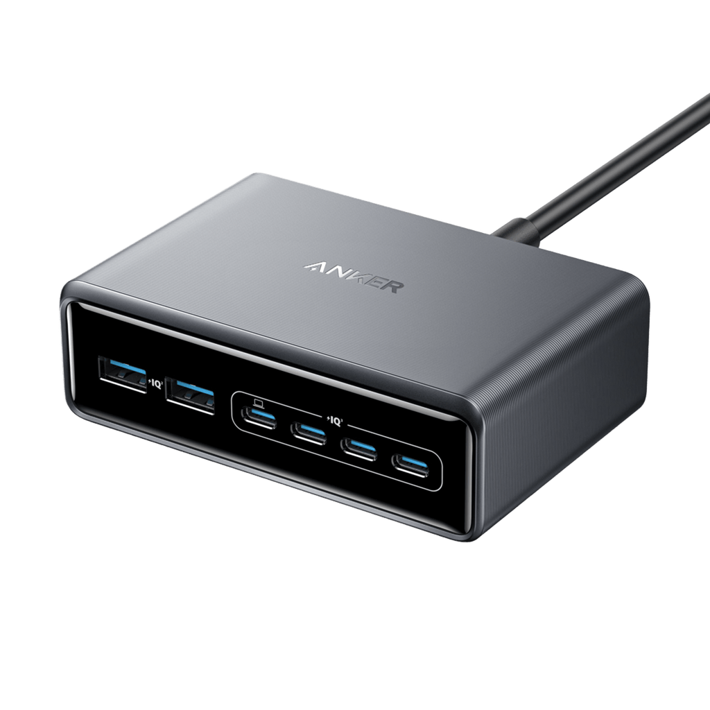 Anker Prime Charger 200W 6-port GaN fast charging station powering multiple devices simultaneously with safety features