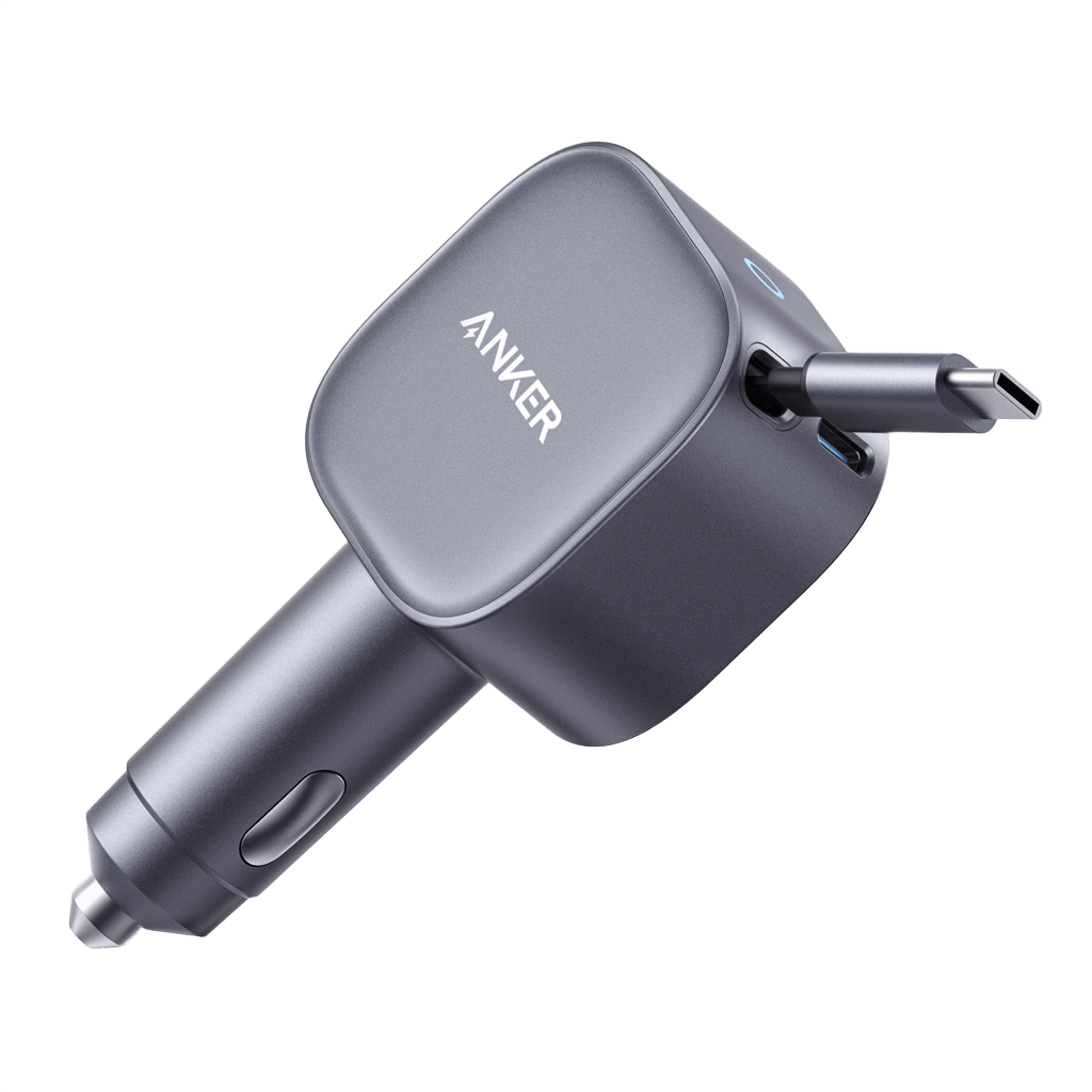 Anker Nano 75W Car Charger with dual-device USB-C ports and retractable cable