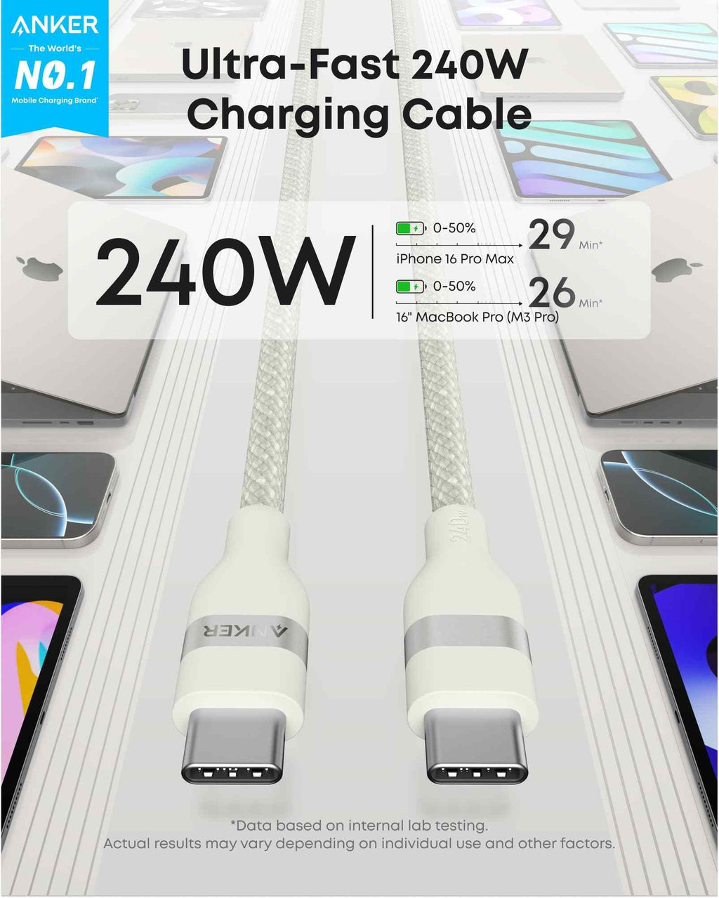 Anker USB-C to USB-C Cable (3 ft / 6 ft, 240W, Upcycled-Braided)