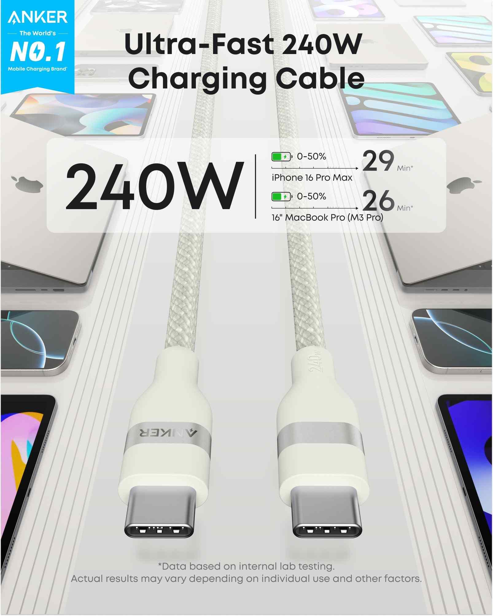 Anker USB-C to USB-C Cable (3 ft / 6 ft, 240W, Upcycled-Braided)