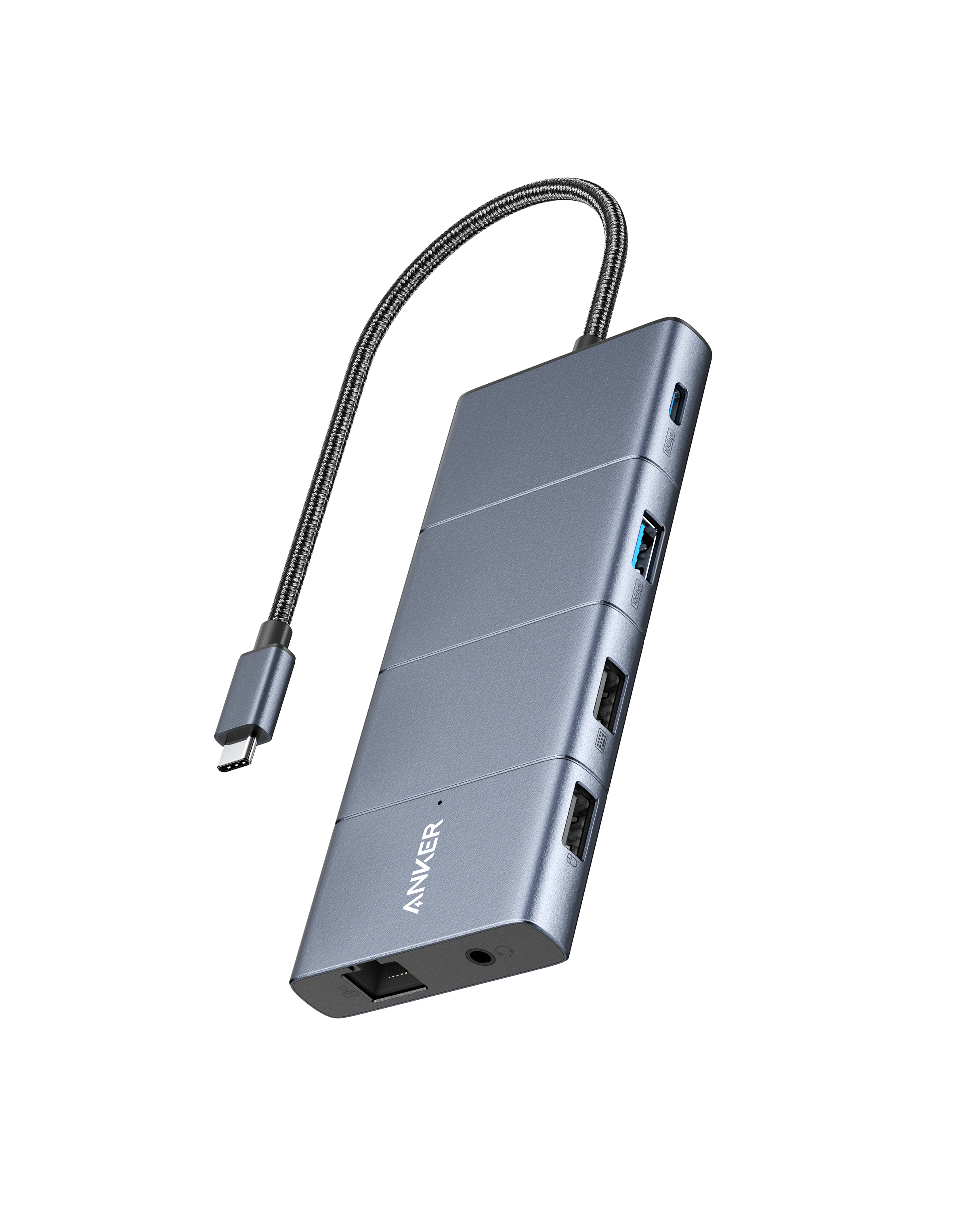 Anker 565 USB-C Hub 11-in-1 with multiple ports including USB-C, USB-A, HDMI, DisplayPort, Ethernet, SD card slots, and pass-through charging