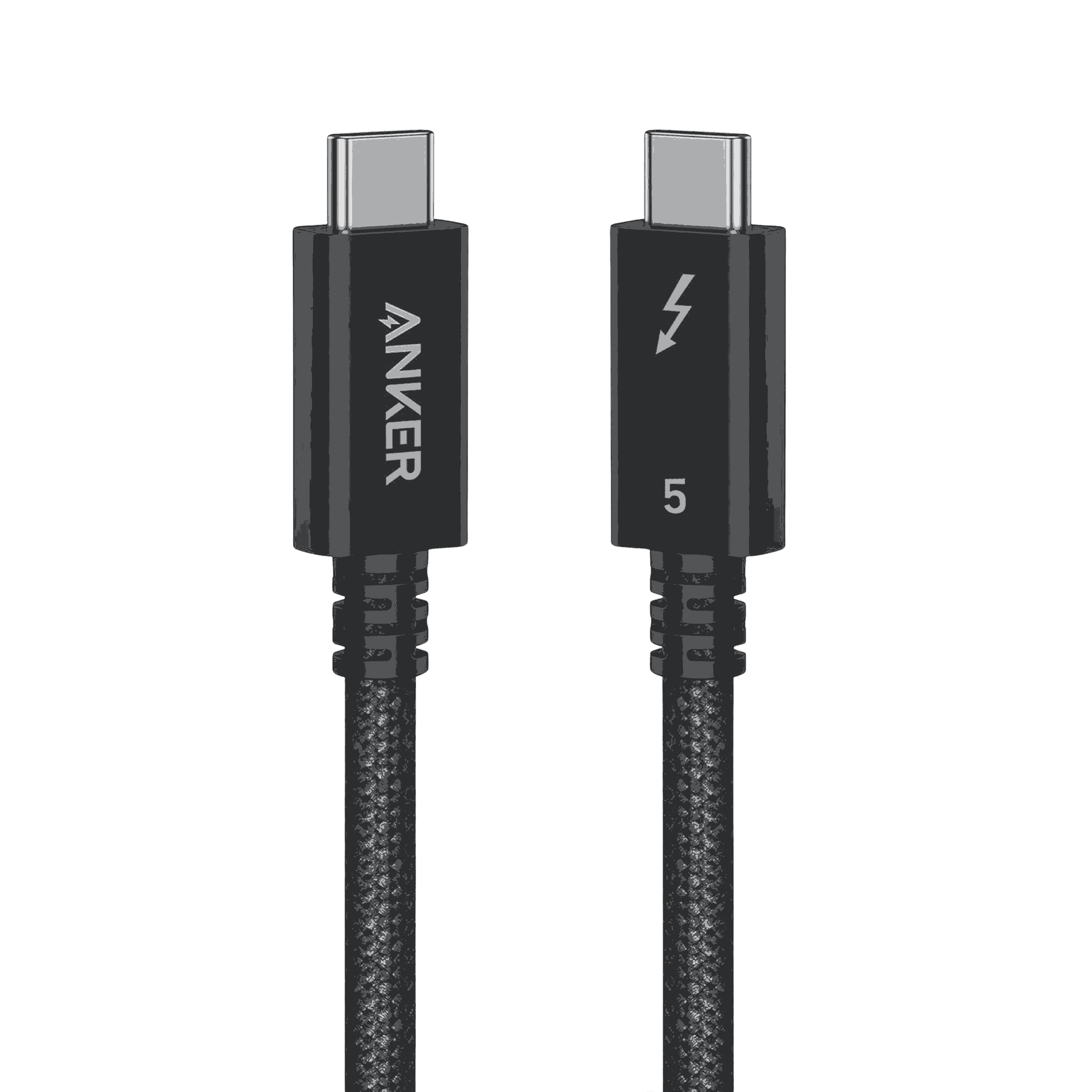 Anker Prime Thunderbolt 5 cable supporting 80Gbps data transfer and 240W fast charging for dual 8K displays