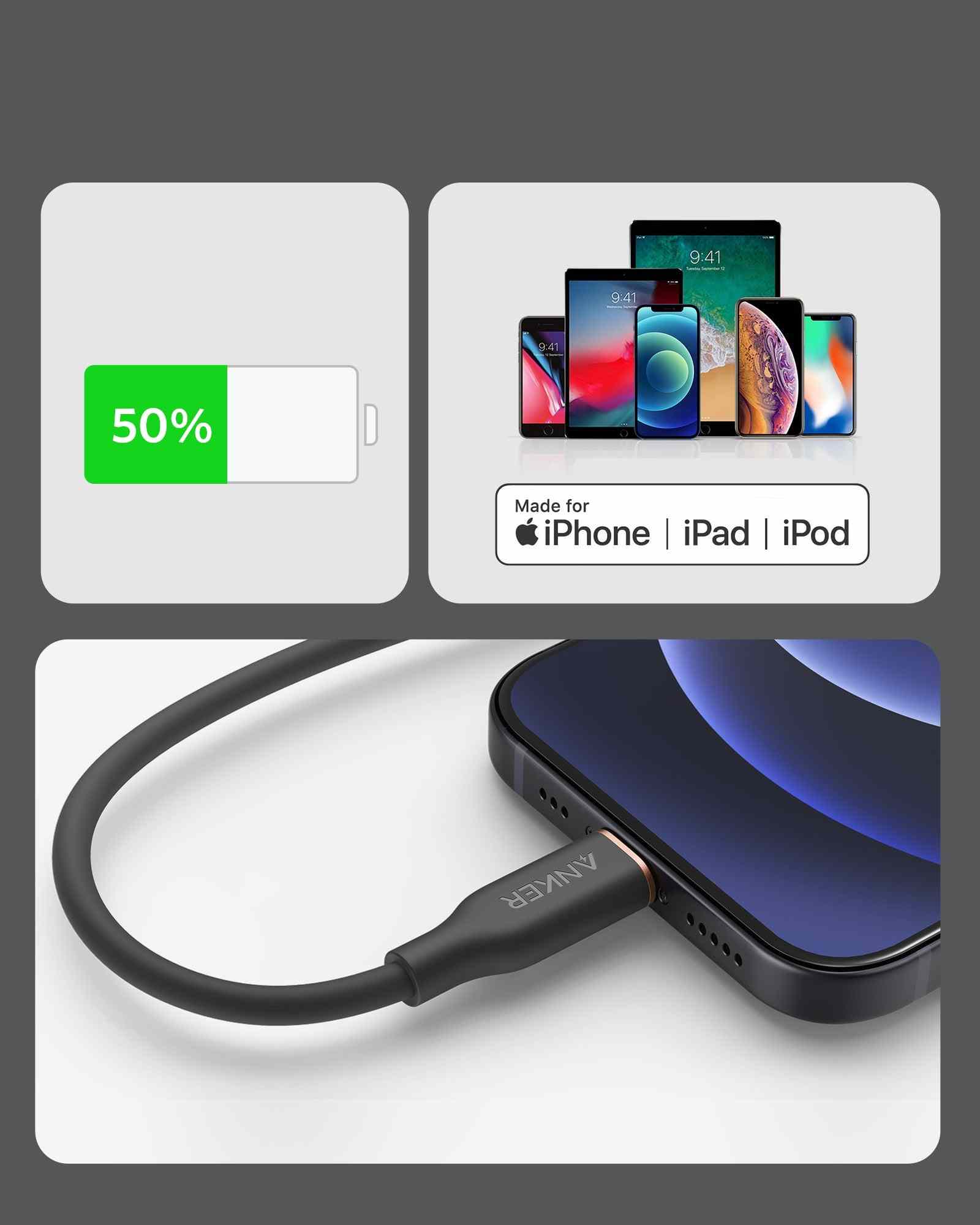 Anker <b>641</b> USB-C to Lightning Cable (Flow, 3 ft Silicone)