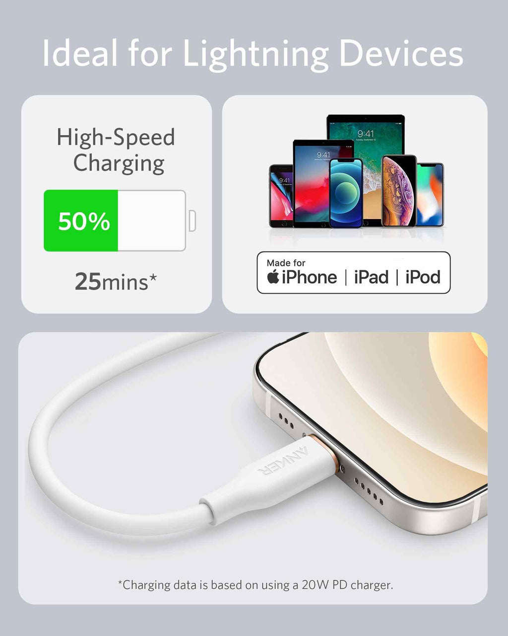 Anker <b>641</b> USB-C to Lightning Cable (Flow, 3 ft Silicone)