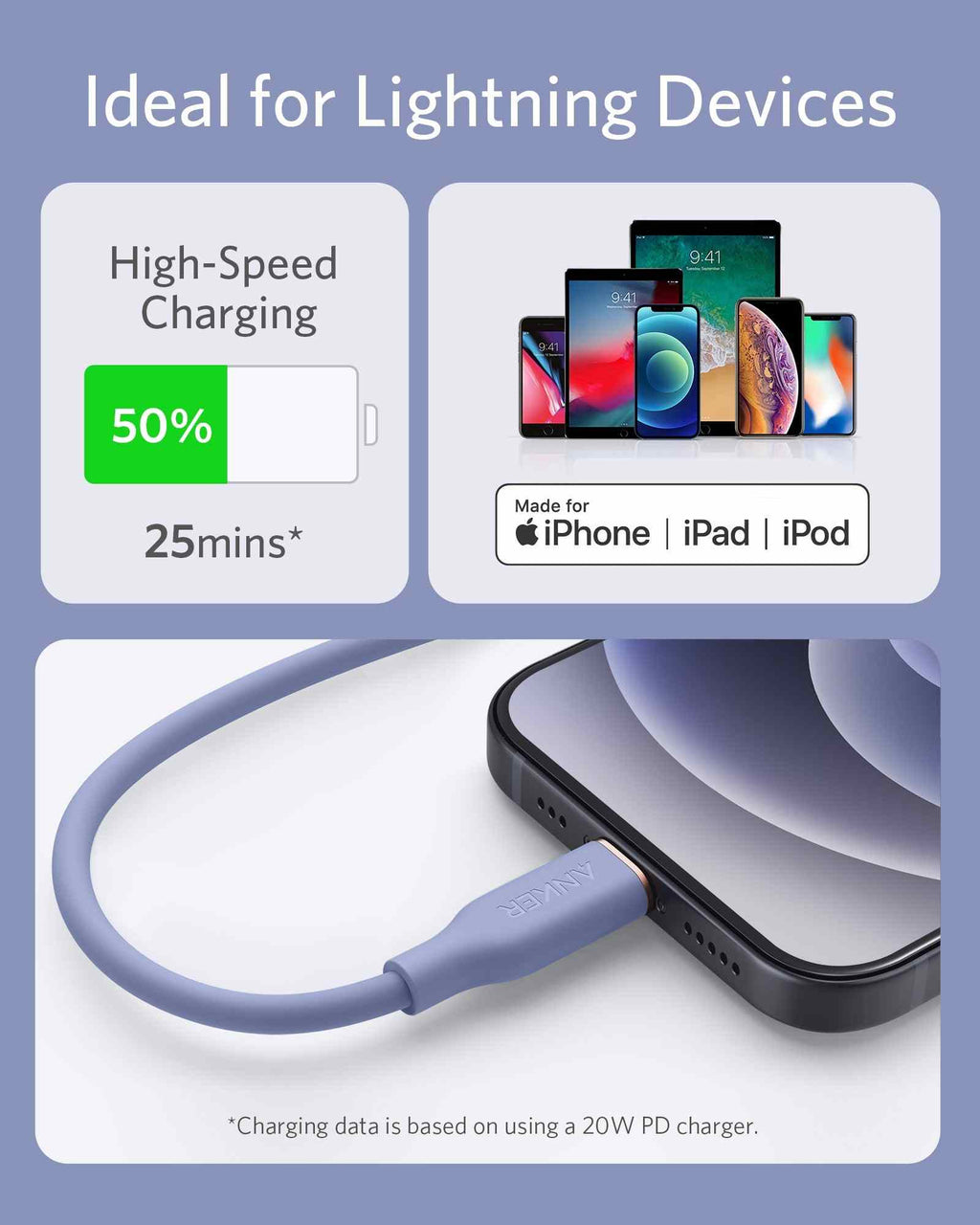 Anker <b>641</b> USB-C to Lightning Cable (Flow, 3 ft Silicone)