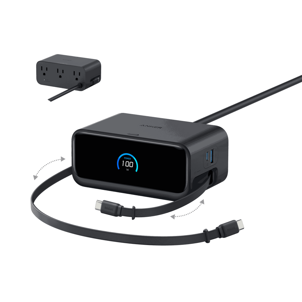 Anker Nano Charging Station 7-in-1 with 100W power, USB-C and AC ports, retractable cables, and LCD display