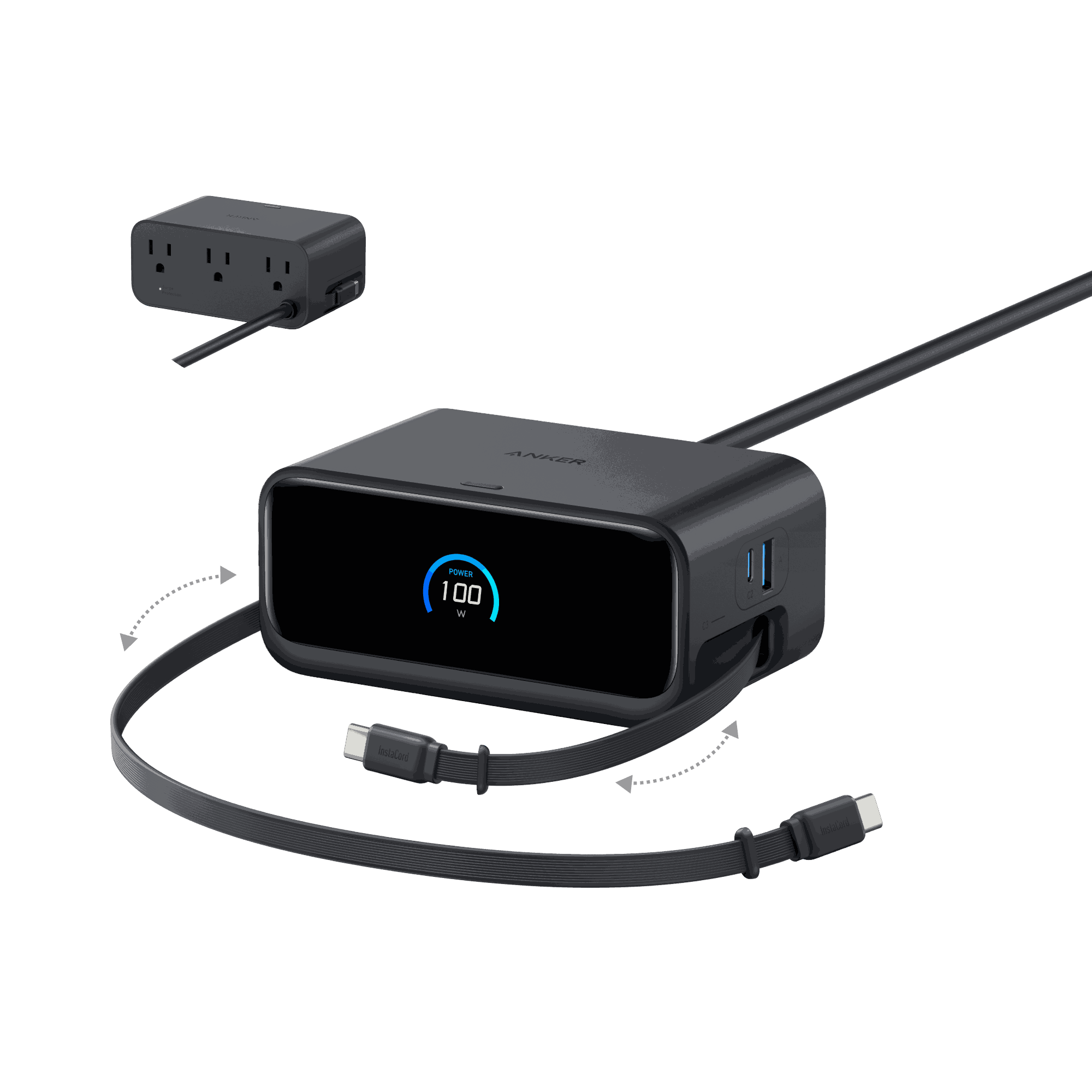 Anker Nano Charging Station 7-in-1 with 100W power, USB-C and AC ports, retractable cables, and LCD display