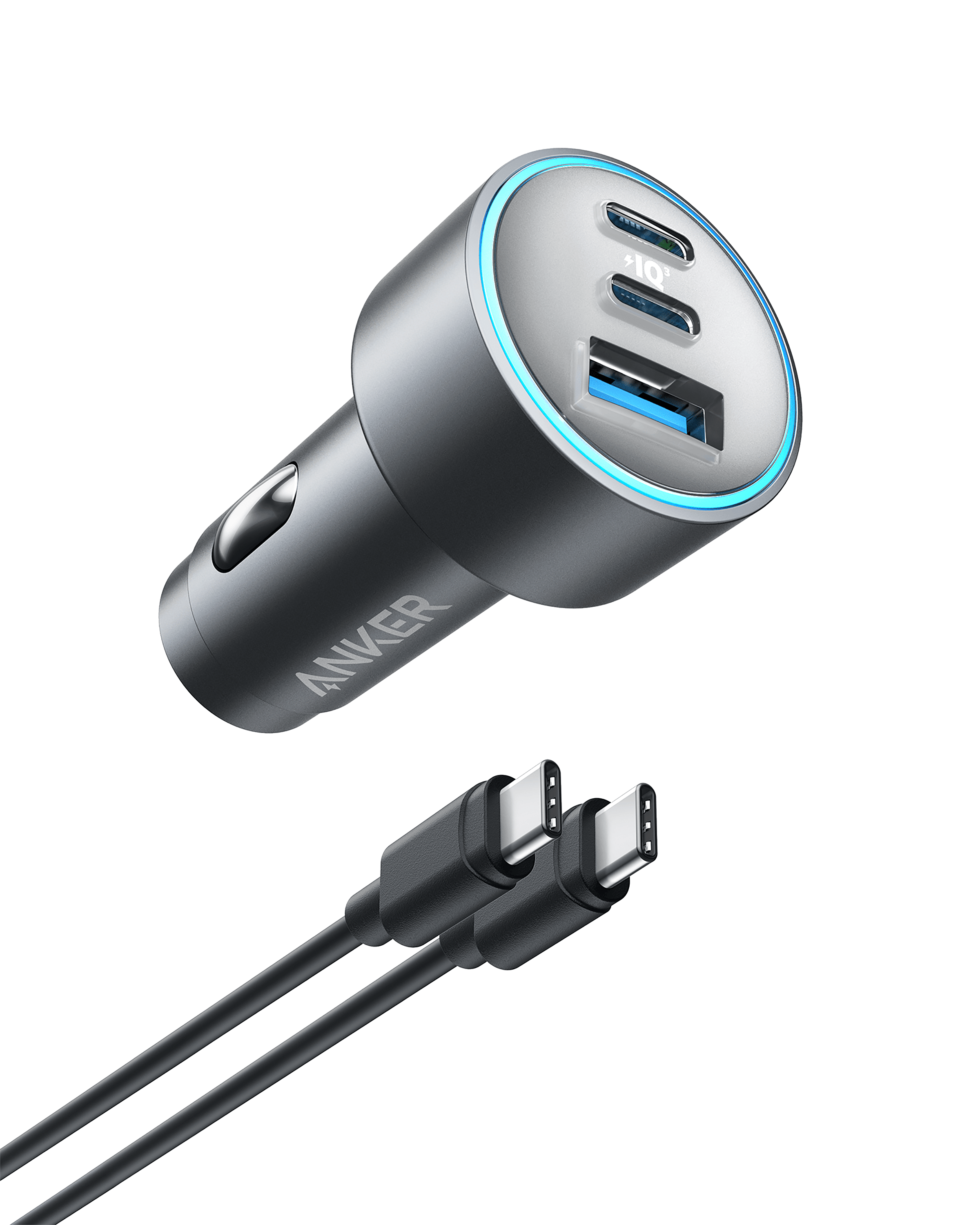 Anker 535 Car Charger 67W with three ports for simultaneous high-speed charging and compact design