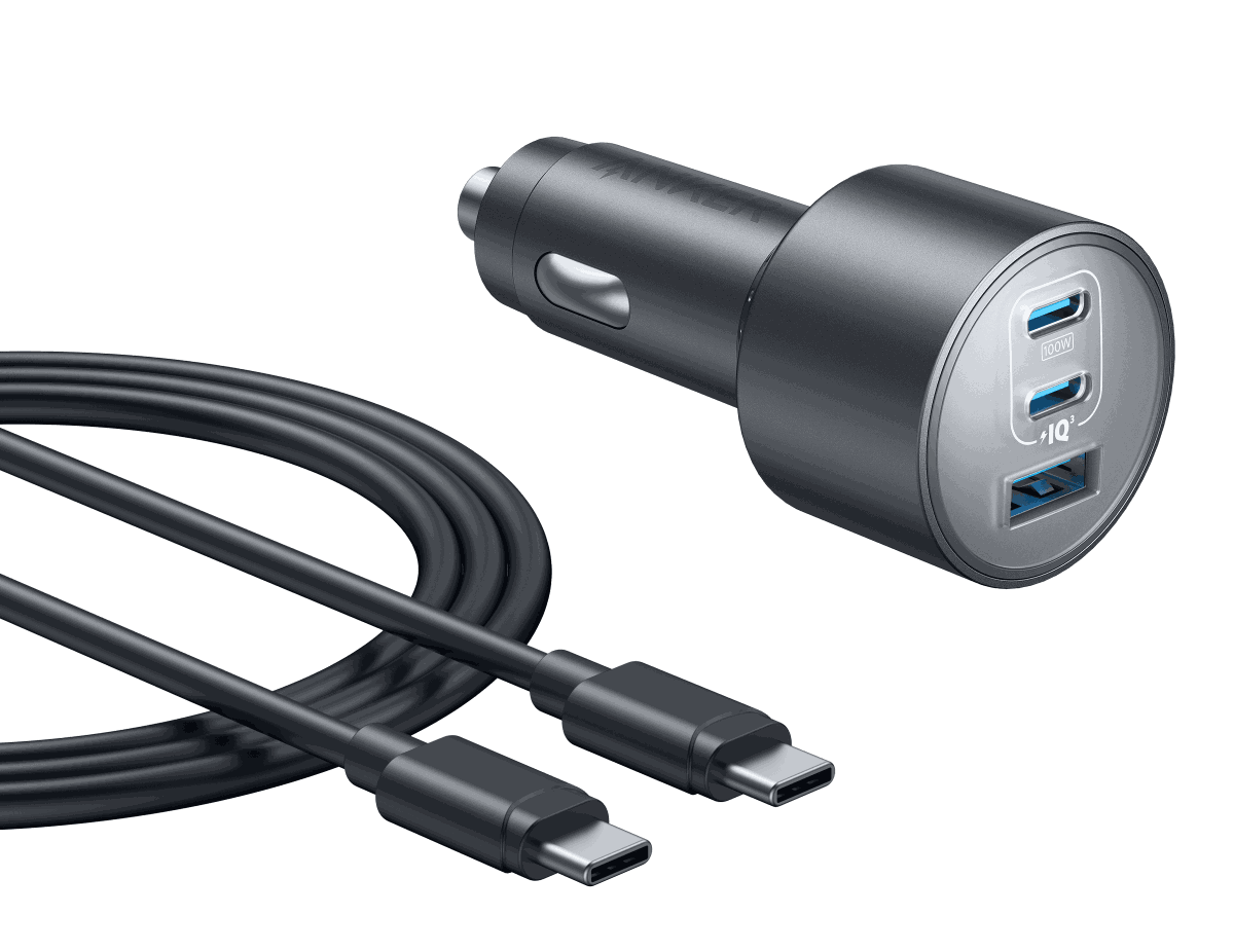 Anker Nano Car Charger with 167.5W triple ports including 100W USB-C fast charging, compact design for car use