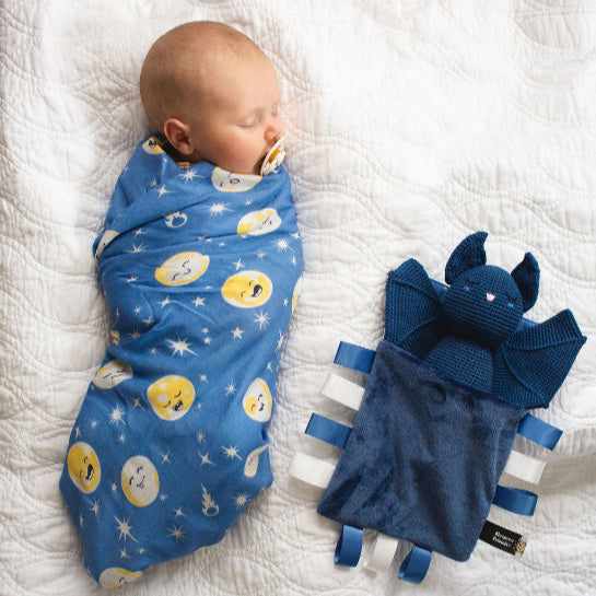 The Everything blanket and Sleepover Friend sleeping bag gift set for babies and toddlers with sensory ribbons and ultra-soft bamboo cotton fabric