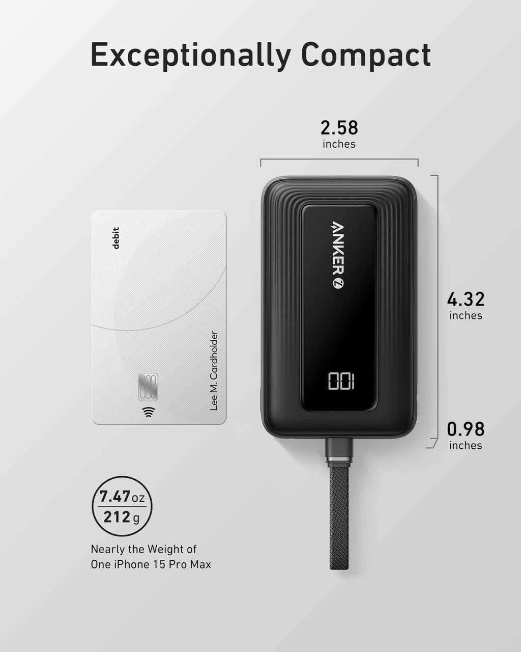 Anker Zolo Power Bank (10K, 30W) with a 5.4-inch (13.7 cm) built-in USB-C cable.