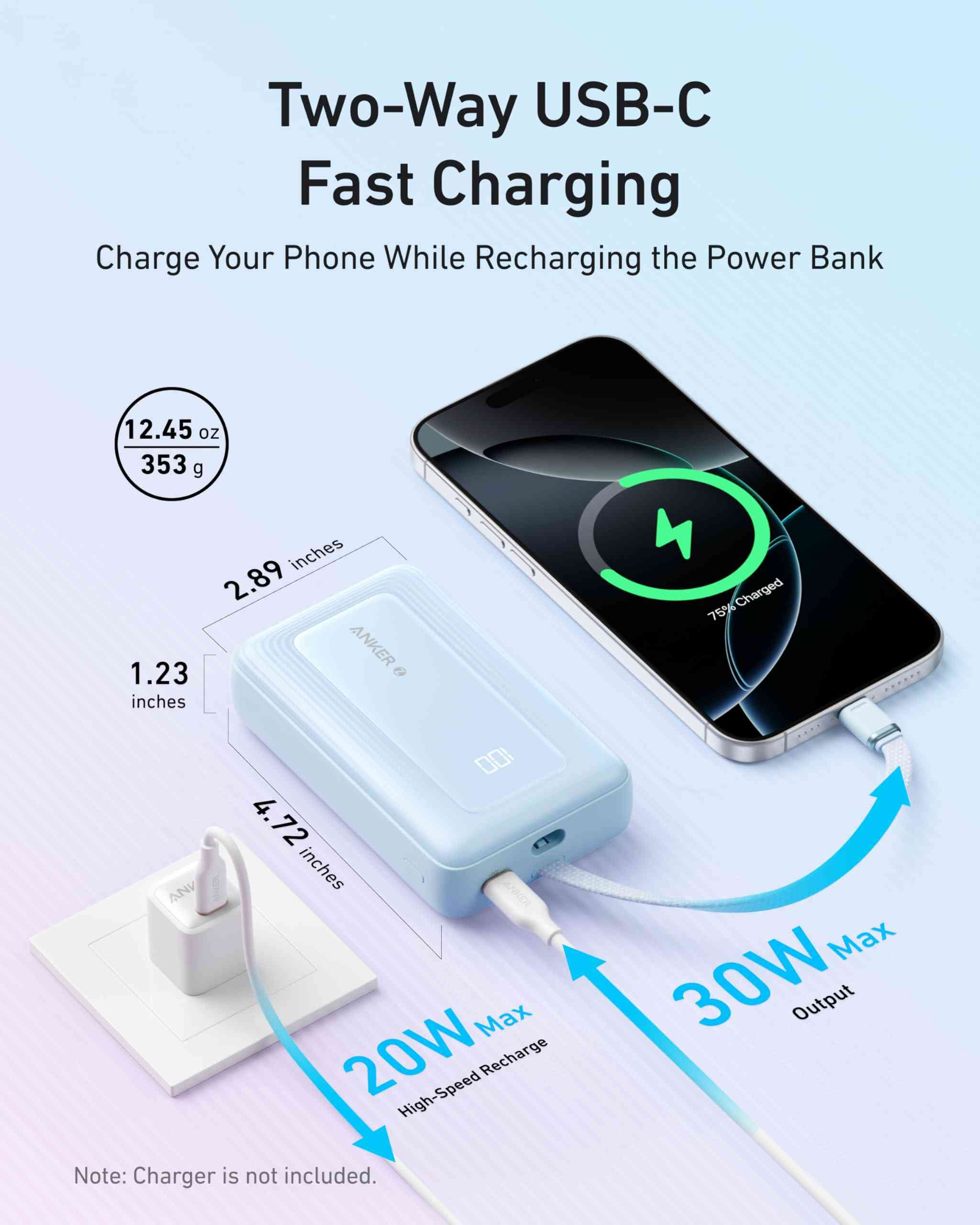 Anker Zolo Power Bank (10K, 30W) with a 5.4-inch (13.7 cm) built-in USB-C cable.