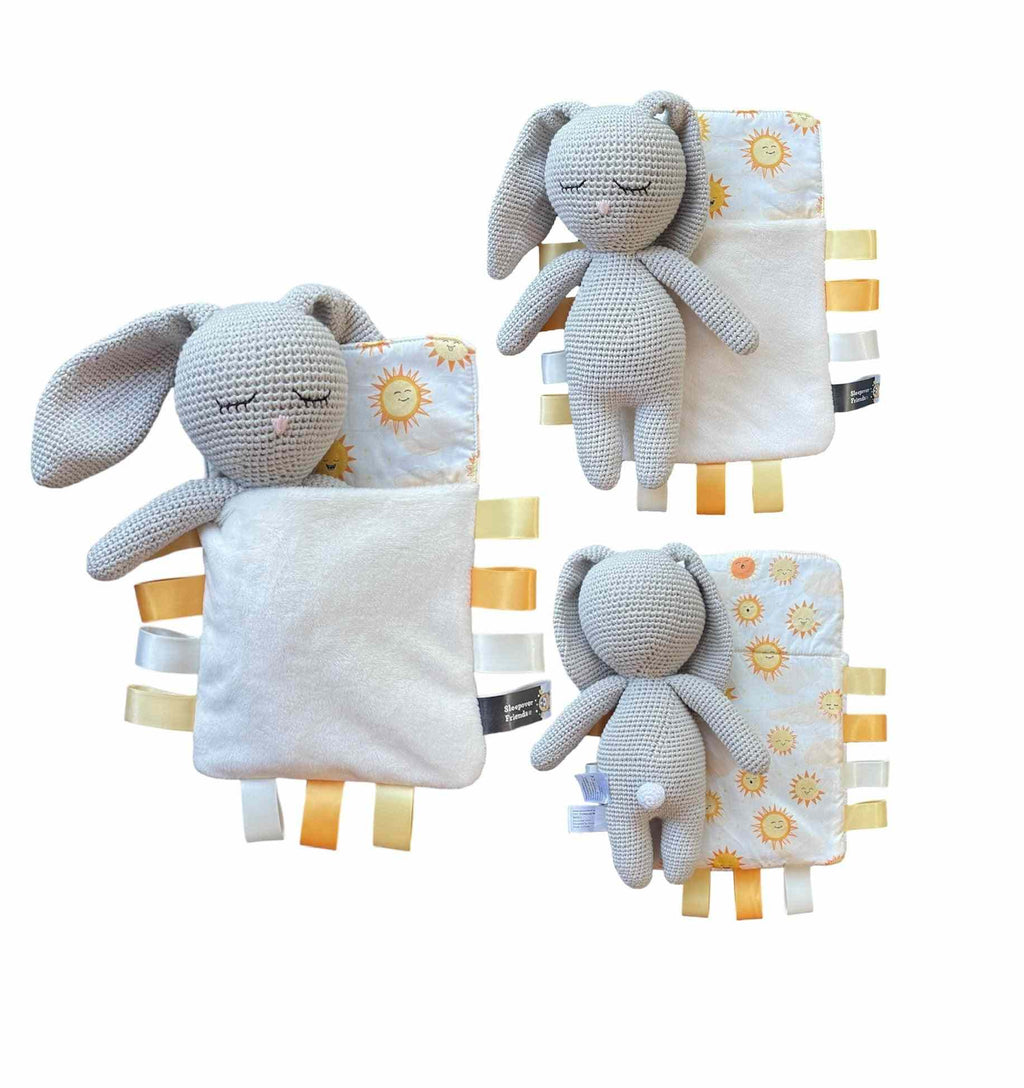 Bunny Sleepover Friend in colorful nap time sleeping bag with ribbons for comforting cuddles and play