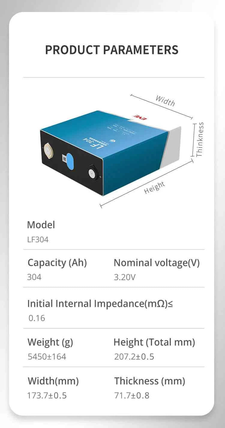 3.2V 314Ah EVE LiFePO4 LFP battery cells - 1 kWh per cell - Pack of 2