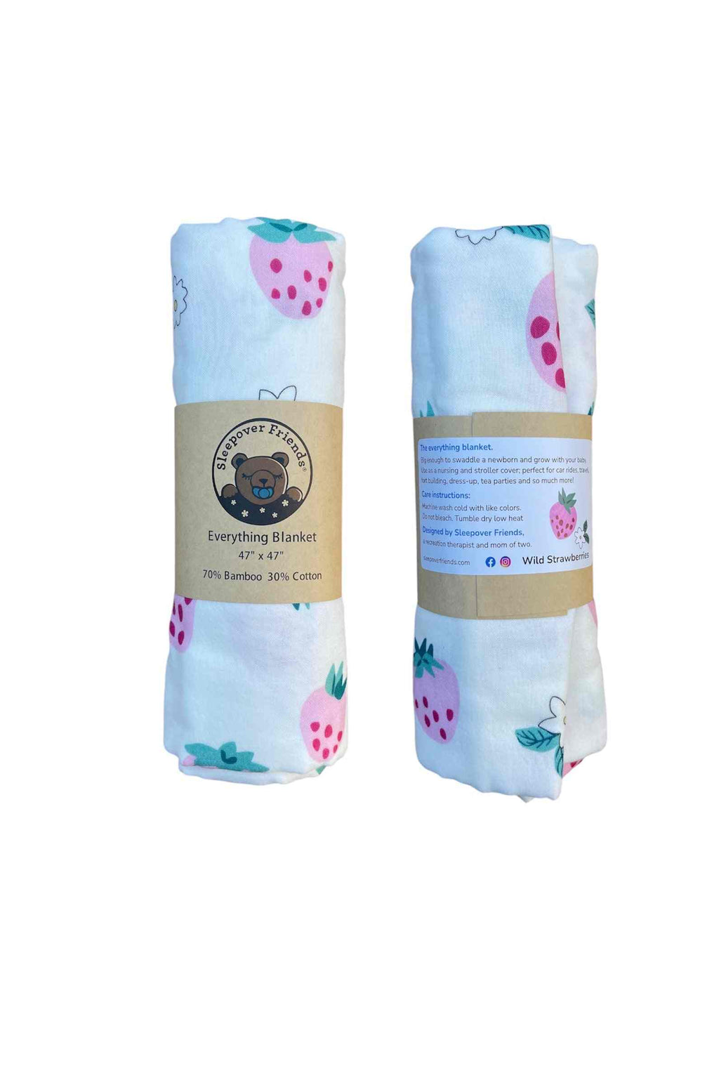 Wild Strawberries Everything Blanket with soft breathable bamboo cotton fabric and strawberry print