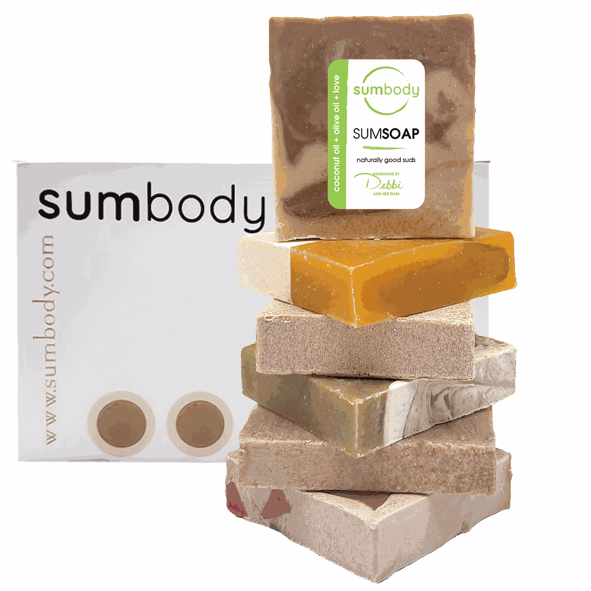 Heavenly Hydration Natural Soap 6-pack featuring moisturizing mango butter, lemon, goat milk, green tea, coconut, and creamy kaleidosoap bars