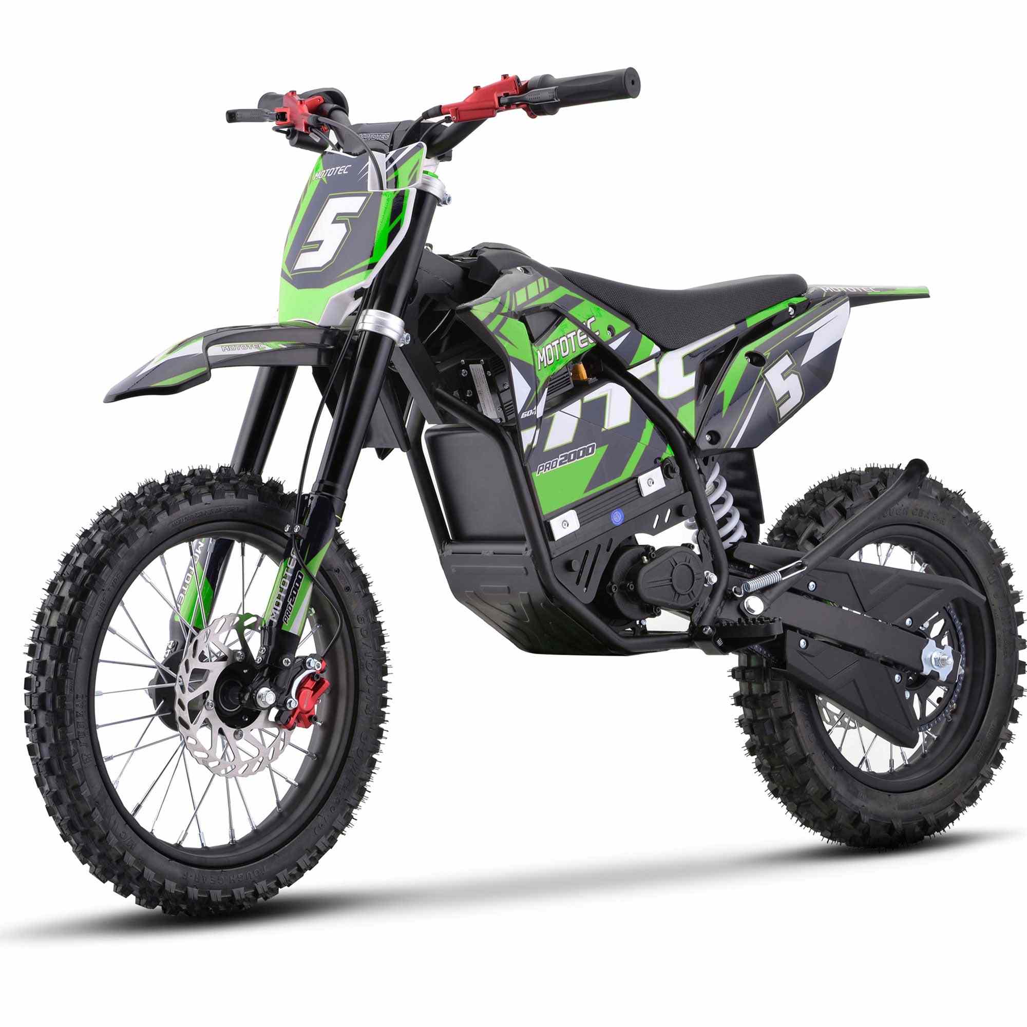 60V 2 kW lithium electric dirt bike with 1,800W NdFeb motor, knobby tires, hydraulic disc brakes, and adjustable throttle speed