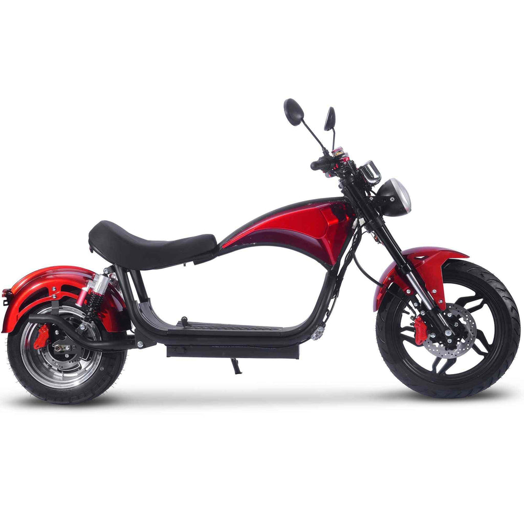 60V 2.5 kW Lithium electric chopper cruiser bike with rear hub motor and large storage compartment