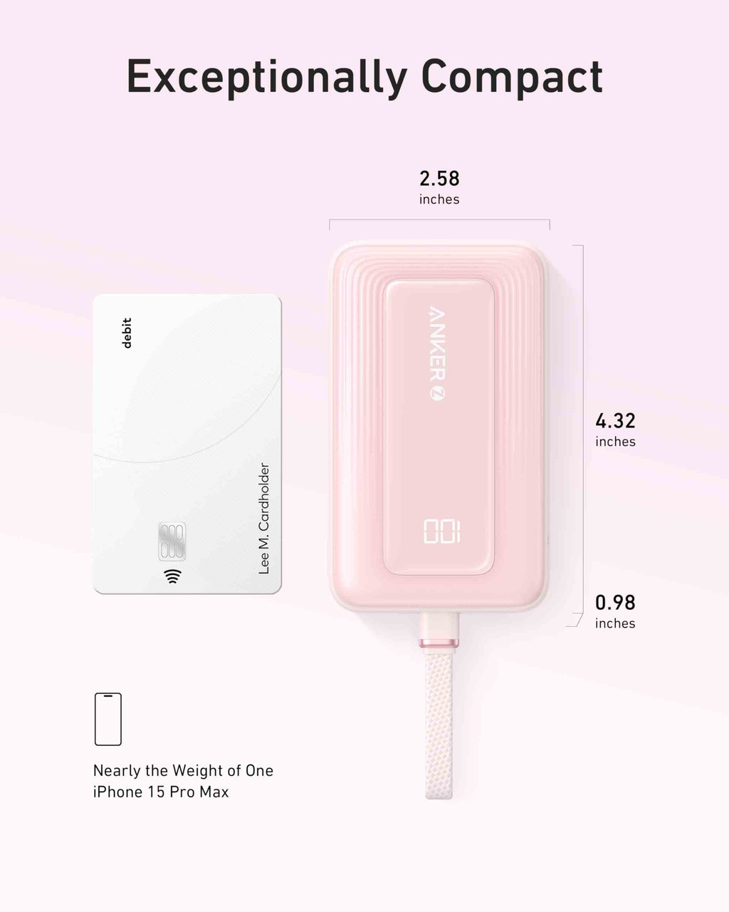 Anker Zolo Power Bank (10K, 30W) with a 5.4-inch (13.7 cm) built-in USB-C cable.