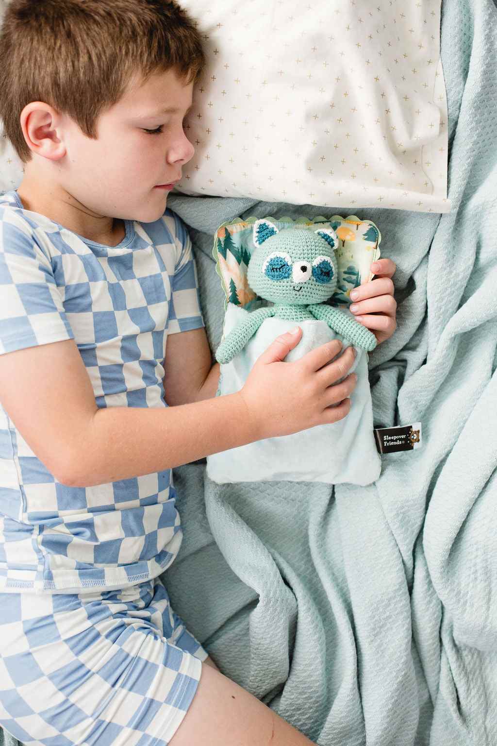 River the Raccoon Sleepover Friend plush toy with sleeping bag for comforting kids during bedtime and sleepovers