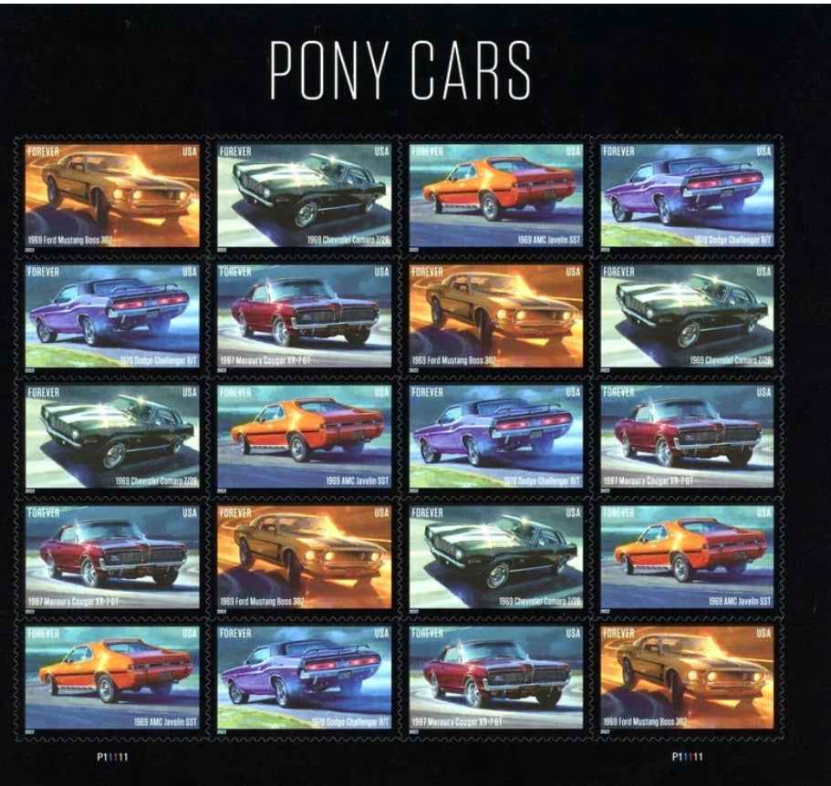 Pane of 20 PONY CARS Forever stamps