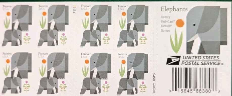 USA Elephants booklet of 20 Forever stamps 2022 showing elephant illustrations