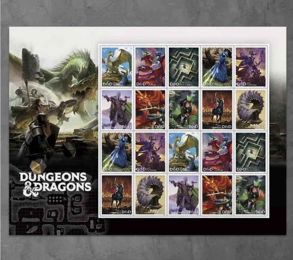 Pane of 20 Dungeon & Dragons Forever stamps featuring characters and creatures from the iconic game