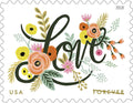 2018 Love Flourishes USA Forever stamp sheet with colorful floral garden and cursive Love design